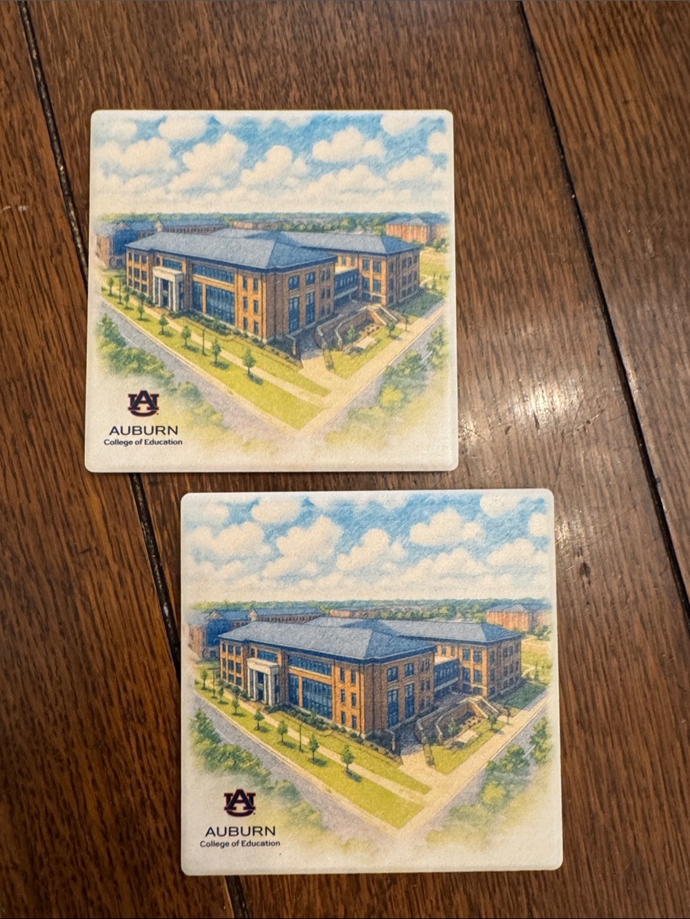 Auburn College of Education Ceramic Coasters - Blue & Tan Artwork (Set of 2)